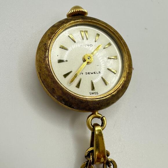 Heno vintage Swiss 17j manual watch pendant on antique rolled gold 30” chain - Picture 3 of 11